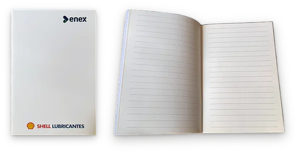 Libreta corporativa con tapa blanca para Enex y Shell Lubricantes: tapa e interior de líneas